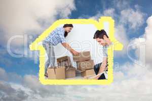 Composite image of woman and man wrapping boxes