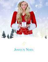 Composite image of pretty girl in santa outfit holding gift