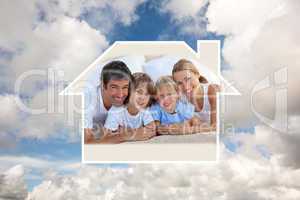 Composite image of merry family having fun in the bedroom
