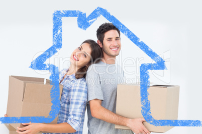 Composite image of wife and husband carrying boxes in their new