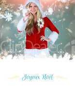 Composite image of pretty girl in santa outfit pointing