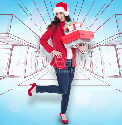 Composite image of excited brunette in red coat holding many gif