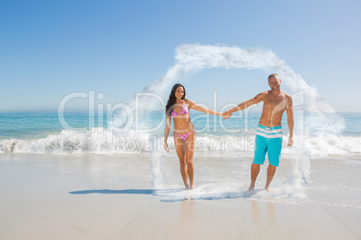 Composite image of smiling handsome man holding his girlfriends