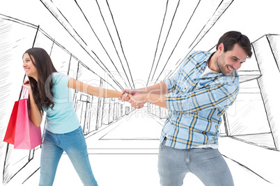 Composite image of happy couple with shopping bags