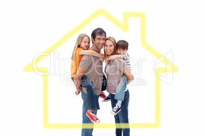 Composite image of parents holding their children on backs