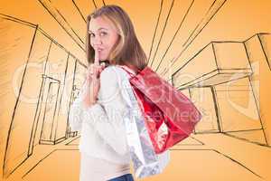 Composite image of pretty blonde keeping a secret holding bags