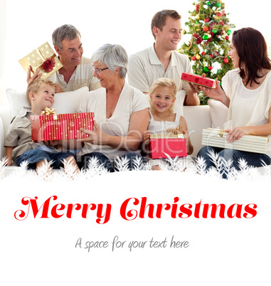 Composite image of family opening christmas gifts at home