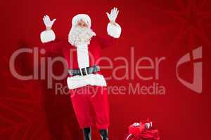Composite image of happy santa claus with sack full of gifts