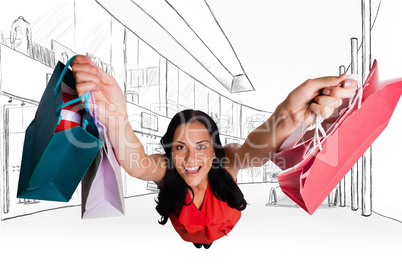 Composite image of woman standing with shopping bags