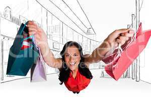 Composite image of woman standing with shopping bags