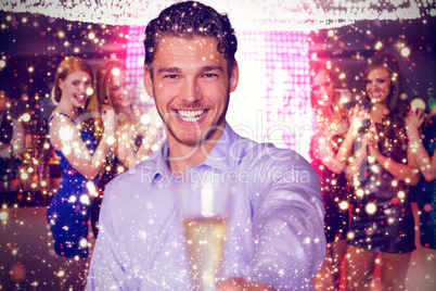 Composite image of man offering champagne