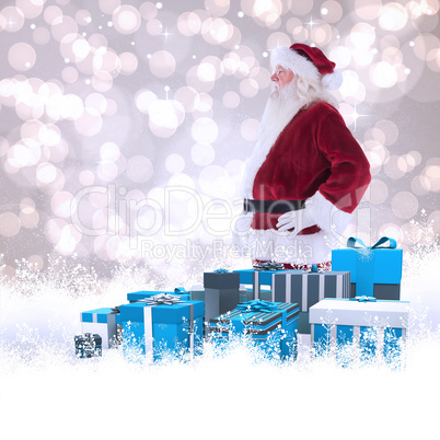 Composite image of santa claus shows his side to camera
