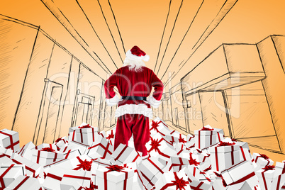 Composite image of santa standing on pile of gifts