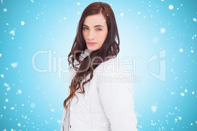 Composite image of beauty brown hair in white coat posing