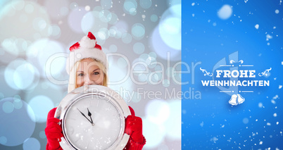 Composite image of happy festive blonde with clock