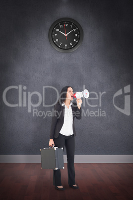 Composite image of pretty businesswoman shouting with megaphone