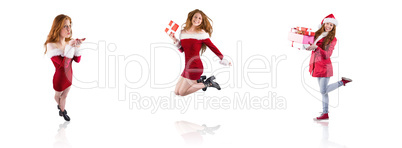 Composite image of festive redhead blowing over hands