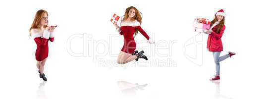 Composite image of festive redhead blowing over hands