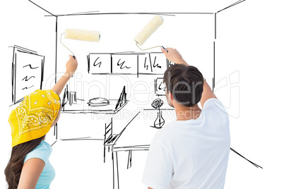 Composite image of happy young couple painting together