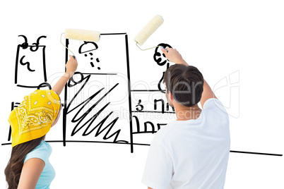 Composite image of happy young couple painting together