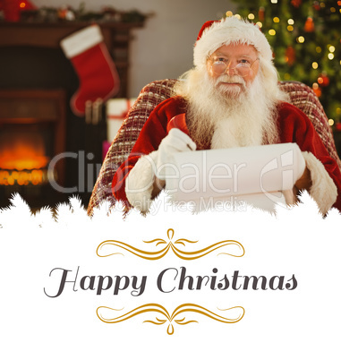 Composite image of happy santa writing list with a quill Composite image of happy santa writing list with a quill