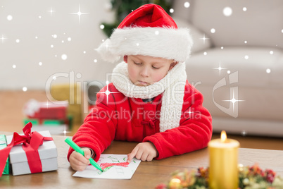 Composite image of festive little boy drawing pictures