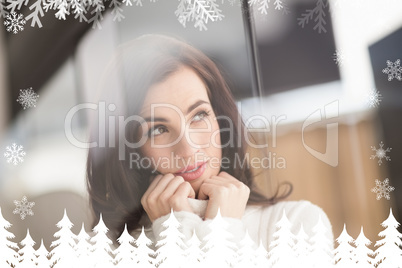Composite image of brunette in white wool jumper thinking