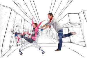 Composite image of man pushing woman in trolley