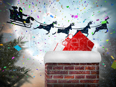 Composite image of santa flying his sleigh behind chimney