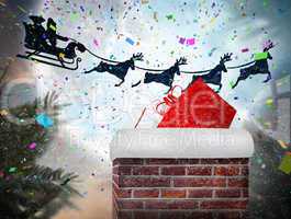 Composite image of santa flying his sleigh behind chimney