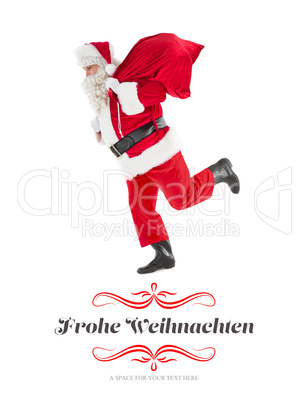 Composite image of santa claus walking with a sack