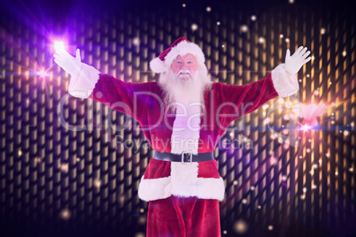 Composite image of jolly santa opens his arms to camera