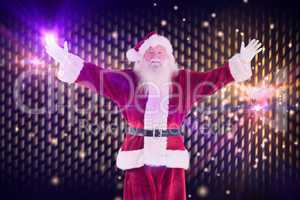 Composite image of jolly santa opens his arms to camera