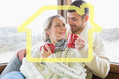 Composite image of loving couple in winter wear drinking coffee