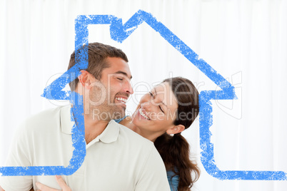 Composite image of lovely couple laughing together in the living