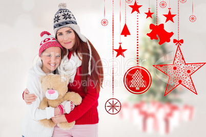 Composite image of mother and daughter with teddy