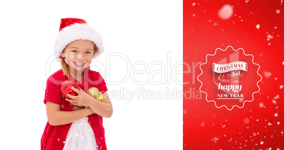 Composite image of cute little girl wearing santa hat holding ba