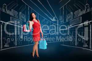 Composite image of woman standing with shopping bags