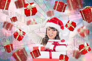 Composite image of attractive santa woman scratching head and ho