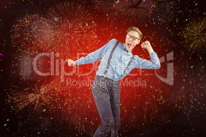 Composite image of geeky hipster dancing to vinyl