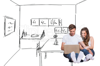 Composite image of young couple using laptop on floor