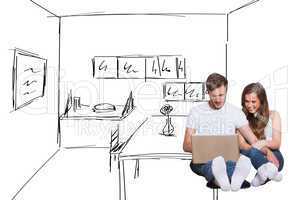 Composite image of young couple using laptop on floor