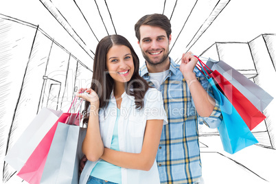 Composite image of happy couple with shopping bags