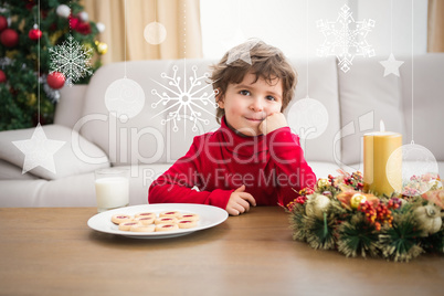 Composite image of festive little boy having milk and cookies