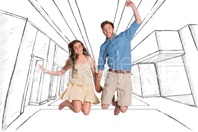 Composite image of cheerful young couple jumping