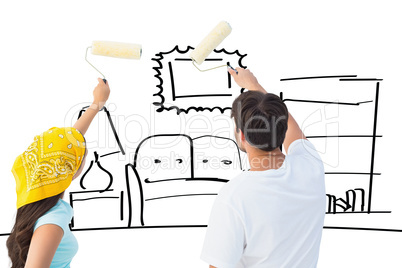 Composite image of happy young couple painting together