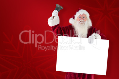 Composite image of santa holds a sign and rings his bell