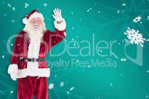 Composite image of jolly santa waving at camera