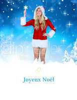 Composite image of pretty girl in santa outfit holding hand up