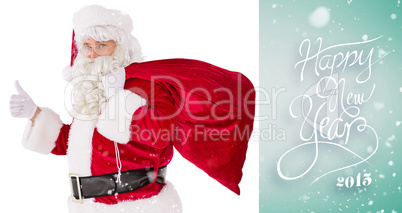 Composite image of positive santa with his sack and thumbs up